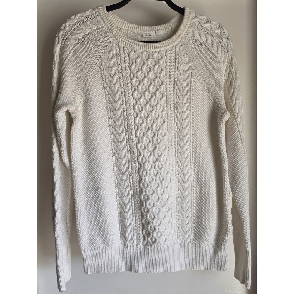 NWOT Gap Women L White Cable Knit Crew Neck Cotton Sweater Pullover Fisherman